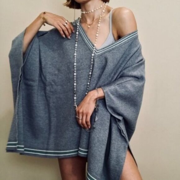 NWT House of Harlow 1960 Varsity Sweater Poncho Dress Gray One Size - Picture 1 of 6